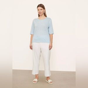 Vince. Striped Linen Elbow Sleeve Crew Neck T-Shirt Blue And White